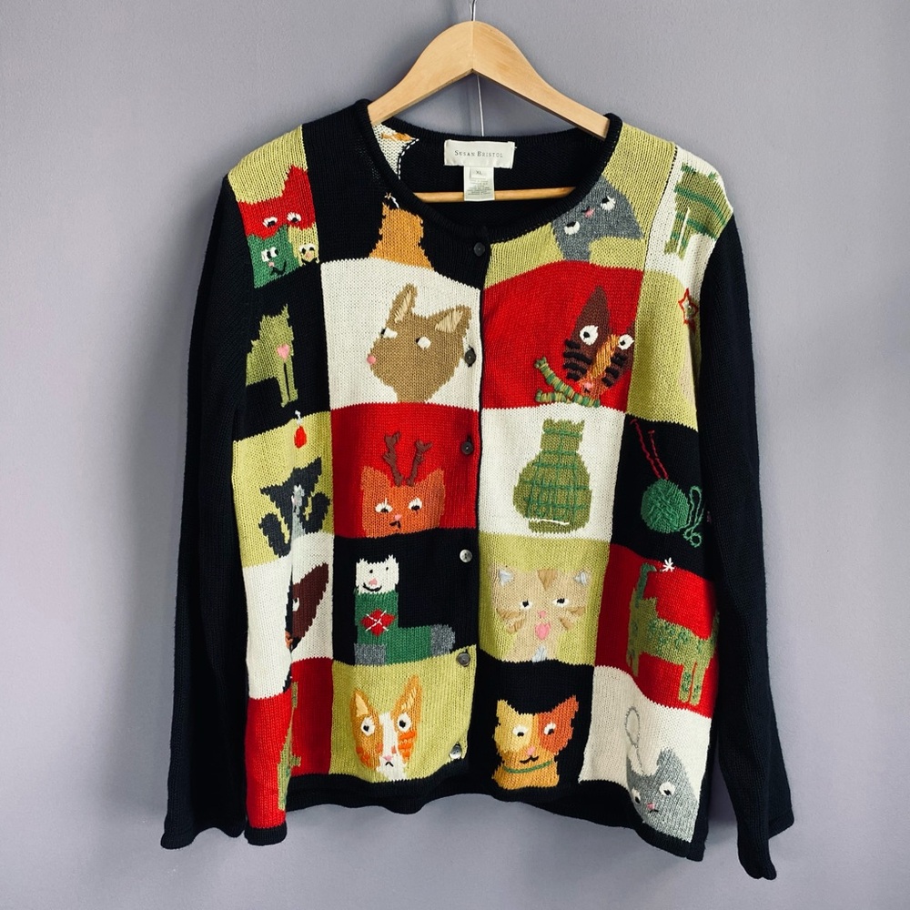 Vintage Susan Bristol Black Color Block Cat Sweater Cardigan Hand Embroidered XL